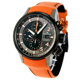 エドックス クロノラリー 自動巻き 腕時計 メンズ チタン クロノグラフ 革ベルト EDOX 01129-TGNOCO-GNO アナログ ブラック グレー オレンジ 黒 スイス製