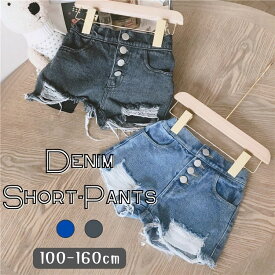 デニム ショートパンツ クラッシュ加工 ダメージ ウエストゴム おしゃれ 女の子 ガールズ 春夏 デザイン 韓国子供服 100cm 110cm 120cm 130cm 140cm 150cm 160cm