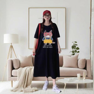 予約商品 猫キャラワンピース 黒 赤眼鏡 個性派 デザイン おしゃれ 部屋着にも レディース ミディ丈 レディース 大人 30代 40代 50代