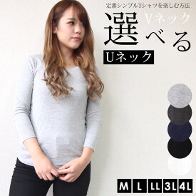 メール便送料無料 大きいサイズレディース シンプル Uネック Tシャツ カットソー トップス M L LL 3L 4L 無地 ビッグサイズ ロンT 体型カバー 大人セレブ 海外セレブ 韓国ファッション 大きいサイズ レディース