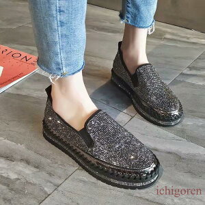 スニーカー スリッポン レディース ぺたんこ靴 ラインストーン キラキラ 厚底 履きやすい フラットシューズ 痛くない 春夏秋 おしゃれ