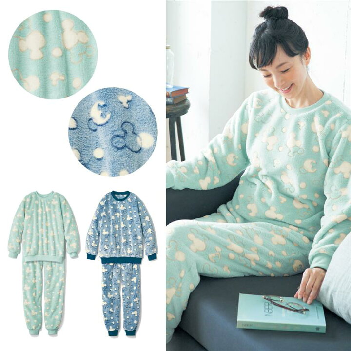 楽天市場 ポイント5倍 Disney ディズニー ふわふわあったかボアパジャマ ミッキーモチーフ ネイビー ミント S M L Ll 3l レディース 女性 ルームウェア 部屋着 パジャマ パジャマ上下 レディースパジャマ 長袖 かわいい 冬 暖かい 冬用 ズボン