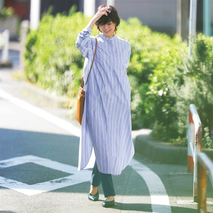 楽天市場 Belle Maison ベルメゾン 程よいハリ感のあるブロードシャツワンピース ブルー系ストライプ S M L Ll ベルメゾン レディース シャツワンピース ワンピース ロング マキシ丈 前開き ストライプ 長袖 春 お洒落 おしゃれ きれい ベルメゾン