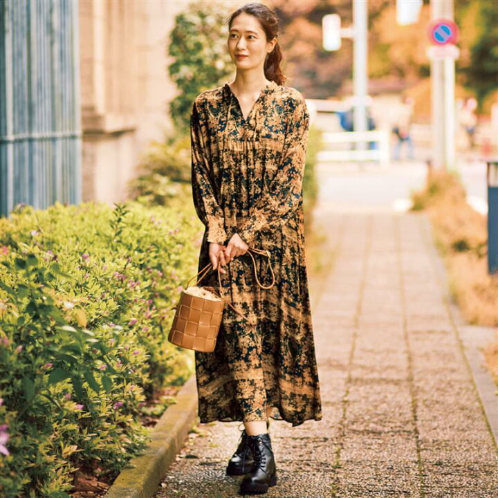 楽天市場 Belle Maison ベルメゾン プリントロングワンピース ブラウン系 S M L Ll レディース 女性 ワンピース ワンピ ロングワンピース ロング レディースワンピース ベルメゾン 大人ファッション