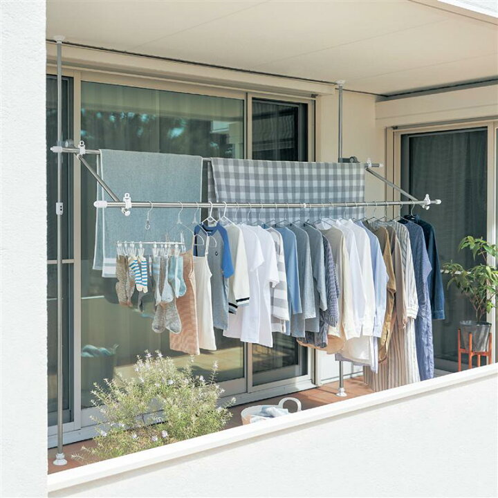 楽天市場 突っ張り式 場所を取らない ベランダ窓枠 物干し 竿2本付きタイプ つっぱり棒幅8cm 奥行約19 87cm 高さ161 280cm 伸縮竿147 280cm 2本 アームの高さ 角度を調節できる 洗濯 ランドリー 物干し 物干し竿 家具・インテリアのベルメゾン