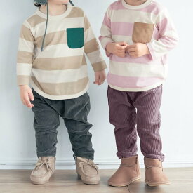 【ミテテ/mitete】ポケット配色 ボーダー 長袖 Tシャツ ◆ 80 90 95 ◆ ◇ ベビー服 男の子 女の子 春 秋 初夏 ベビー トップス ベビーTシャツ カットソー 服 男女兼用 おしゃれ かわいい 長袖Tシャツ