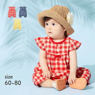 ＼売れてます／ ギンガムチェック 肩フリル 前開き カエルロンパース ◆ 60 70 80 ◆◇ 女の子 ベビー ベ…