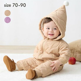 とんがり帽子 の 中わた 前開き ジャンプスーツ ◆ 70 80 90 ◆ ◇ ベビー ベビー服 防寒カバーオール 上着 防寒 つなぎ 冬 かわいい フード取り外し可 裏ボア ベルメゾン ◇