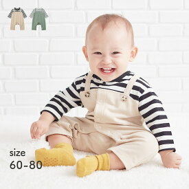 【10％OFF★11/15 0:00-11/27 9:59】 サロペット風 前開き カエルロンパース ◆ 60 70 80 ◆ ◇ ベビー ベビー服 カバーオール ショートオール ロンパース つなぎ 長袖 春 秋 冬 女の子 男の子 ボーダー 重ね着風 おしゃれ かわいい ベルメゾン ◇