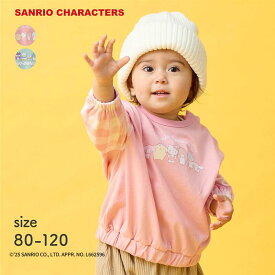 【サンリオキャラクターズ】 チェック袖 プリント 長袖Tシャツ ◆ 80 90 100 110 120 ◆ ◇ ベビー ベビー服 トップス Tシャツ ベビーTシャツ カットソー 服 長袖 女の子 男の子 春 秋 チェック柄 キャラクター ◇