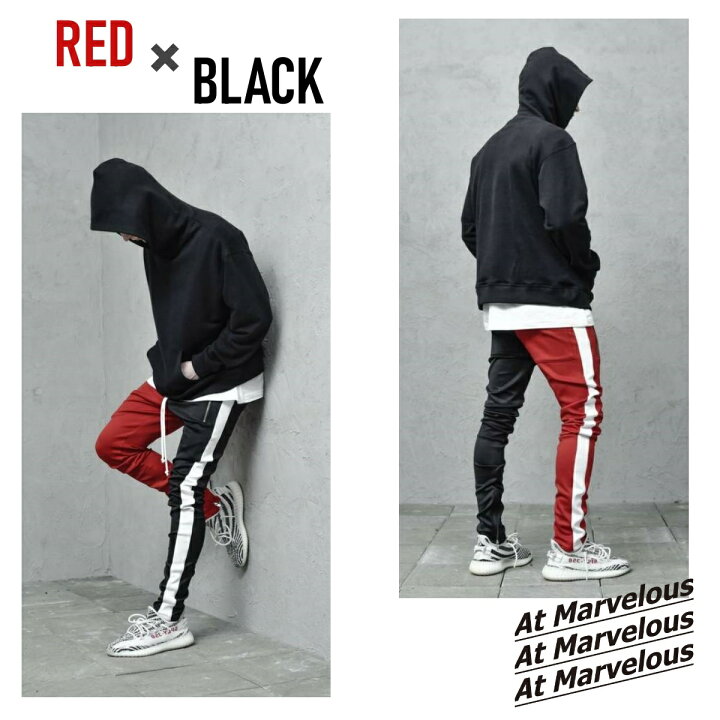 Lサイズ　黒×赤ライン　ブラック　メンズパンツ　ズボン　ストリート　スウェット