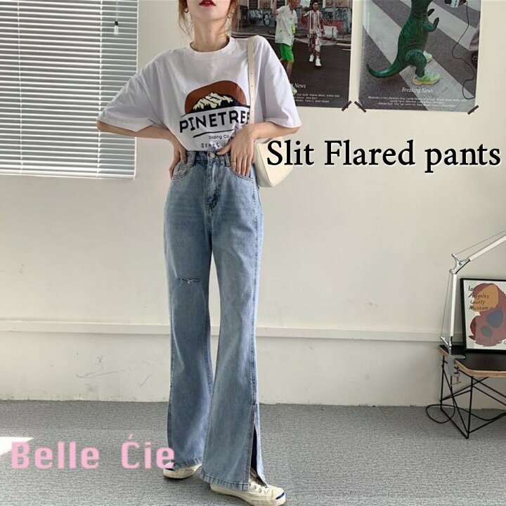 楽天市場】フレアパンツ スリット デニムパンツ ジーンズ レディース G  