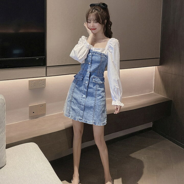 楽天市場 フェイクレイヤード デニムワンピース レディース ストレッチデニム 韓国ファッション スクエアネック ジャンスカ ベアワンピ ベルシー デニム ワンピース ベアワンピ ジャンスカ 秋服 ストリート 韓国 ミニワンピ ワンピ オシャレを探す Zutty ズッティ