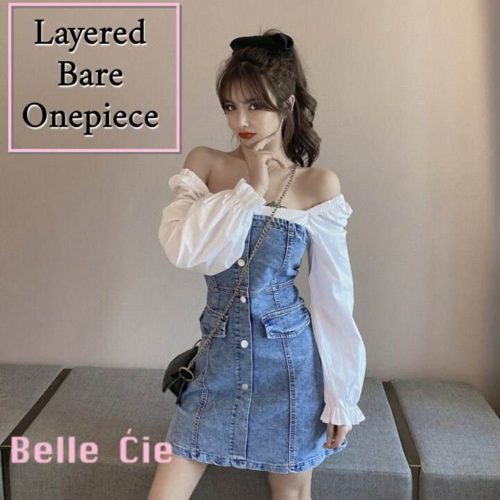 楽天市場 フェイクレイヤードデニムワンピース レディース ストレッチデニム 韓国ファッション スクエアネック ジャンスカ ベアワンピ ベルシー オシャレを探す Zutty ズッティ