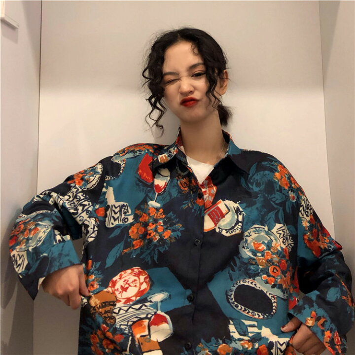 楽天市場】レトロ 花柄プリント シャツ サテンシャツ レディース 花柄 