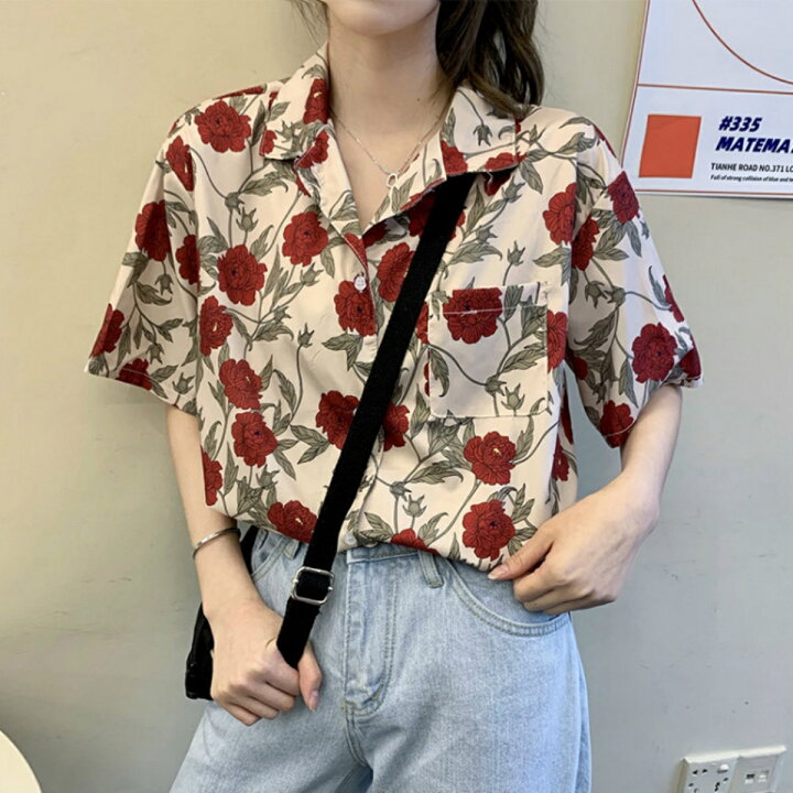 楽天市場】花柄 シャツ レディース 柄シャツ 半袖 薔薇柄 バラ 半袖 