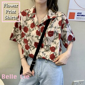 花柄 シャツ レディース 柄シャツ 半袖 薔薇柄 バラ 半袖シャツ ブラウス サテンシャツ 韓国ファッション 春 夏 トップス 春服 夏服 襟 レトロ柄 テロテロシャツ サテン ポリエステル カジュアル 韓国 アロハ おしゃれ かわいい 人気 低身長 開襟 総柄