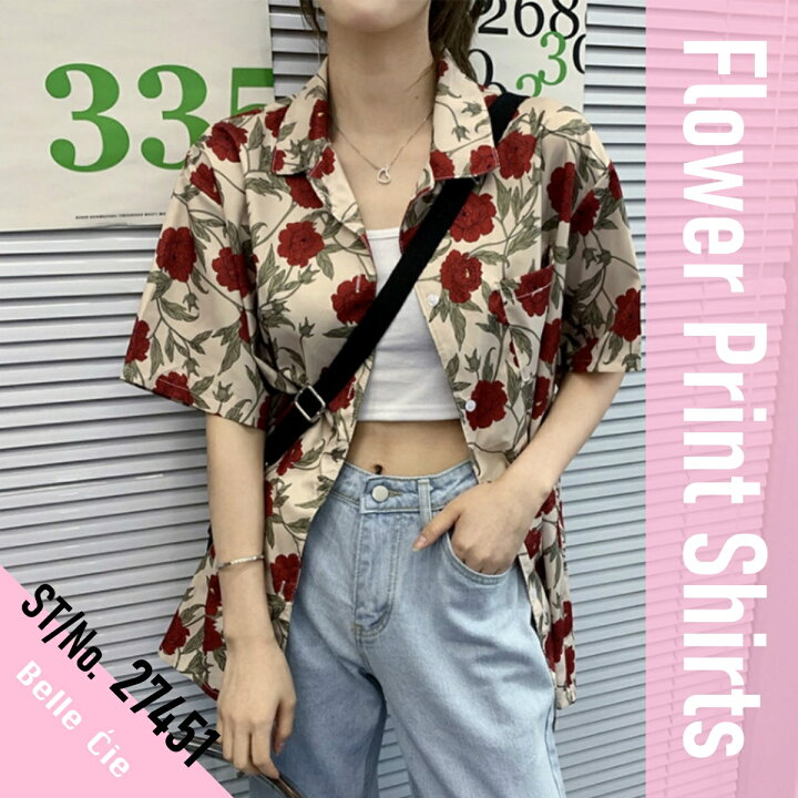 楽天市場】花柄 シャツ レディース 柄シャツ 半袖 薔薇柄 バラ 半袖  