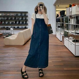 キャミワンピース デニム サロペット Aライン デニムワンピース レディース 韓国 体型カバー アジャスター ロング 大人 シンプル かわいい 春夏 ゆったり おしゃれ ロング丈 春 オフショル キャミ