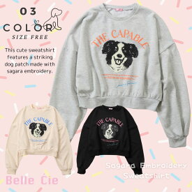 スウェット トップス レディース プルオーバー トレーナー 裏毛 刺繍 犬 レディース サガラ刺繍 ロゴ ドッグ カレッジロゴ コンパクト プチプラ 秋冬 カジュアル 白 黒 ゆったり 韓国 かわいい スウェットトップス スウェットトレーナー