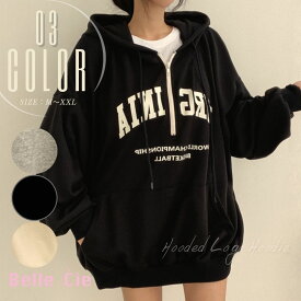 フードパーカー フーディ パーカー トップス スウェット ロゴ レディース 韓国ファッション シンプル カジュアル ゆったり ハーフジップ 大人 春 ジップ ジップアップ ビックシルエット おしゃれ 大きめ フード付き ジッパー 黒 女の子 女性