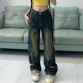 デニムパンツ ジーパン ジーンズ ロングパンツ ボトム ベルト レディース 韓国ファッション 個性的 レッグベルト オーバーダイ ストレート 変形