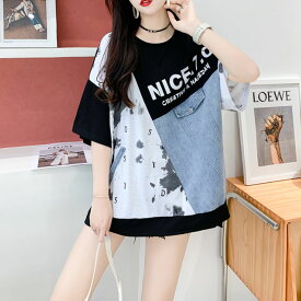 Tシャツ トップス 半袖 ロゴ デニム ユニーク 個性派 夏服 レディース 韓国ファッション ストリート デザインT パッチワーク 異素材 白 黒 体型カバー ブランド ゆったり ビッグシルエット オーバーサイズ 大きいサイズ おしゃれ 可愛い