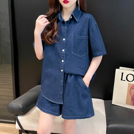 デニム セットアップ 半袖 ショートパンツ ショーパン シャツ 夏 レディース 韓国ファッション 上下セット ストリート おしゃれ シンプル ラフ