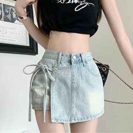 ショートパンツ ボトムス デニムパンツ スカート見え アシメ 夏 レディース 韓国ファッション サイドリボン ユーズド感 ビンテージ感 スカパン