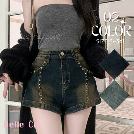 ショートパンツ デニムパンツ ミニ丈 ボトムス スタッズ Y2K レディース 韓国ファッション ストリート ビンテージ クール系 ハイウエスト 夏