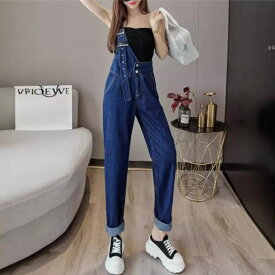 デニムパンツ サロペット ワンショル 個性派 デニムサロペ レディース カジュアル 韓国ファッション ストリート ハイウエスト デニムサロペット