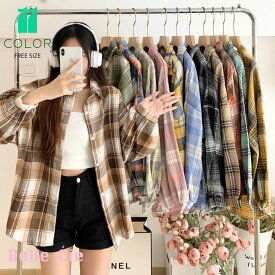 シャツ トップス 羽織り チェック 長袖 重ね着 ナチュラル 秋冬 レディース 韓国ファッション ゆったり カジュアルシャツ ニュアンスカラー 柄