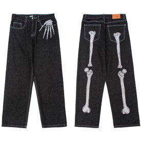 デニムパンツ ワイドパンツ ストリート ボーン スケルトン 骸骨 メンズ 韓国ファッション ヒップホップ シンプル バンド ダンス 高見え おしゃれ