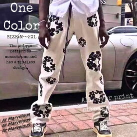 ツイル ワイドパンツ ボトム フラワー 白パン ファッション メンズ 韓国ファッション おしゃれ 白パン かっこいい V系 お兄系 ホスト 細身