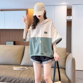 フード付き 半袖 トップス レディース 夏 パーカー 半袖パーカー バイカラー ゆったり 春夏 春 薄手 パーカ 体型カバー 韓国ファッション カジュアル きれいめ 可愛い uv 韓国 黒 緑 M?2XL 大きいサイズ 1枚で決まるトップス