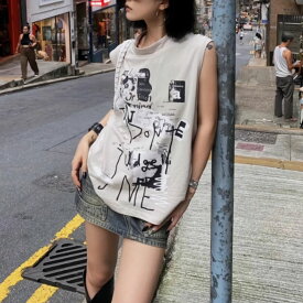 タンクトップ Tシャツ ノースリーブ ストリート パンク ロック レディース 韓国ファッション かっこいい 綿混 プリント 転写 ユニーク 夏服 襟