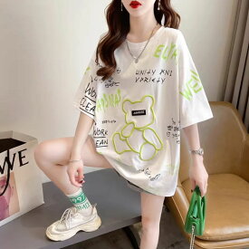 Tシャツ 半袖 半端袖 くま ロゴ ドロップショルダー ユニーク レディース 韓国ファッション 総柄 かわいい 夏 白 黒 ゆったり ガーリー 動物