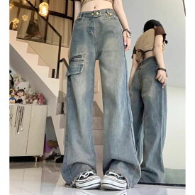 デニムパンツ ワイドパンツ フェイク ポケット ミリタリー バギー レディース 韓国ファッション カットオフ ヒップホップ ダンス ワンポイント
