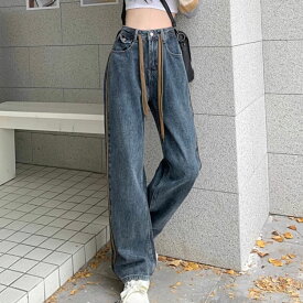 デニムパンツ ジーンズ ジーパン ワイドパンツ ライン ストレート レディース 韓国ファッション シンプル カジュアル ストリート おしゃれ XXL