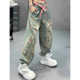 デニムパンツ ワイドパンツ ストレート バラ 花柄 総柄 レトロ レディース 韓国ファッション ユニーク B系 個性的 かっこいい インパクト 衣装