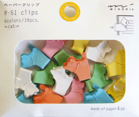 P-51クリップス ネコ柄 43298 ねこ cat ペーパークリップ P-51clips 6colors 18pcs.　made of paper＆pp　P51クリップス　51％が紙（Paper）でできているクリップ。【 メール便対応可能 】動物クリップ　ミドリMIDORI