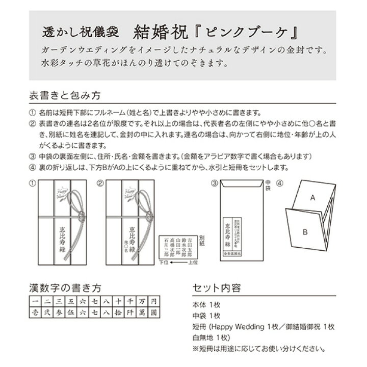 楽天市場 ご祝儀袋 結婚祝 金封529 透かし ピンクブーケ柄 短冊4枚付き Happy Wedding 御結婚御祝 無地 各1枚 表書きと包み方解説付 金額目安 2万 5万円 御祝儀袋 Midori ミドリ べるえぽ