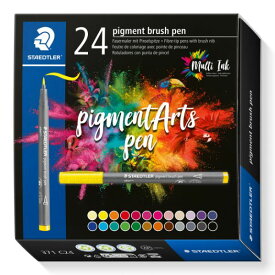 ステッドラー 371 ピグメントブラッシュペン 24色 特殊水性顔料インク「マルチインク」耐光性 耐水性 耐アルコールインク 色と色を合わせて、紙面上でグラデーションを作れる 同じ色を重ねて塗ることで、色の濃淡を表現できる 水彩画の線画などにも使用可能 2023年11月発売