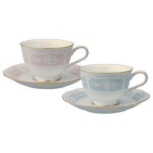 ノリタケ レースウッドゴールド ティー・コーヒーカップ&ソーサー ペア ピンク&ブルー