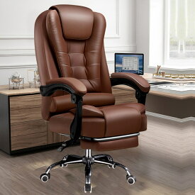 オフィスチェア デスクチェア パソコンチェア 社長椅子 連動型肘掛け 事務椅子 昇降機能 レザーチェア ハイバック 肉厚座面 人間工学椅子 収納式フットレスト 椅子 リクライニング (ブラウン)