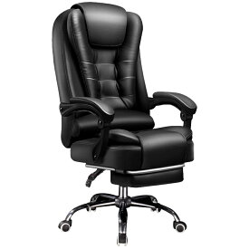 オフィスチェア デスクチェア パソコンチェア 社長椅子 連動型肘掛け 事務椅子 昇降機能 レザーチェア ハイバック 肉厚座面 人間工学椅子 収納式フットレスト 椅子 リクライニング (ブラック）