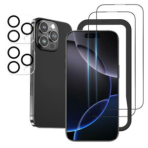 NIMASO ガラスフィルム (2枚) + カメラフィルム (2枚) iPhone 16 Pro Max用 強化ガラス 黒縁あり 保護フィルム ガイド枠付き カメラ保護 レンズカバー 硬度9H 耐衝撃 自動吸着 指紋防止 アイフォン16プ