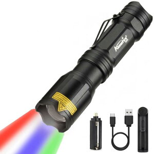 Alonefire X004 多機能 4色 LEDライト タクティカル 懐中電灯 多色 明るい 充電式 強力 緑 ブルー 白い 赤LEDライト 防水 ズーム可能 充電器付き 用 キャンプハイキング狩猟釣りバックパッキング大