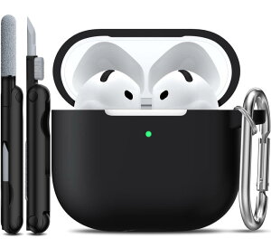 R-fun Airpods ��4���� �P�[�X�J�o�[ �N���[�i�[�L�b�g�t�� �\�t�g�X�L�� �V���R���P�[�X�J�o�[ �L�[�`�F�[���t�� �j�����p ���S�ی�P�[�X Apple �ŐV Airpods 4 �Ή� �u���b�N