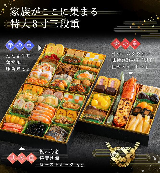楽天市場】おせち 料理 2023年 送料無料 博多久松 和洋折衷おせち「博多」 特大8寸×3段重(約4人前〜5人前 46品)(冷凍便)(メーカー直送) / 特大おせち 迎春 本格 おせち 正月 お節 福袋 ギフト : ソムリエ@ギフト 楽天市場】おせち 料理 2023年 送料無料 博多久松 和洋折衷おせち「博多」 特大8寸×3段重(約4人前〜5人前 46品)(冷凍便)(メーカー直送) / 特大おせち 迎春 本格 おせち 正月 お節 福袋 ギフト : ソムリエ@ギフト